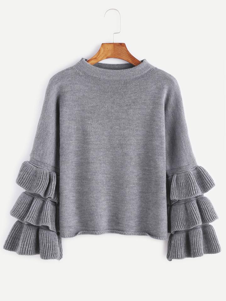Shein Grey Layered Ruffle Sleeve Pullover Sweater