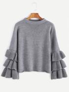Shein Grey Layered Ruffle Sleeve Pullover Sweater