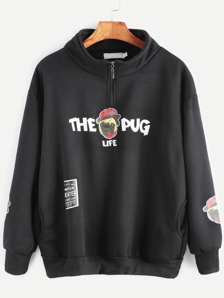 Shein Black Pug Print Zip Detail Pockets Sweatshirt