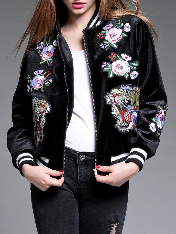 Shein Black Tiger Embroidered Elastic-waist Jacket
