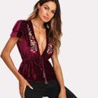 Shein Floral Embroidery Deep V Neck Ruffle Top
