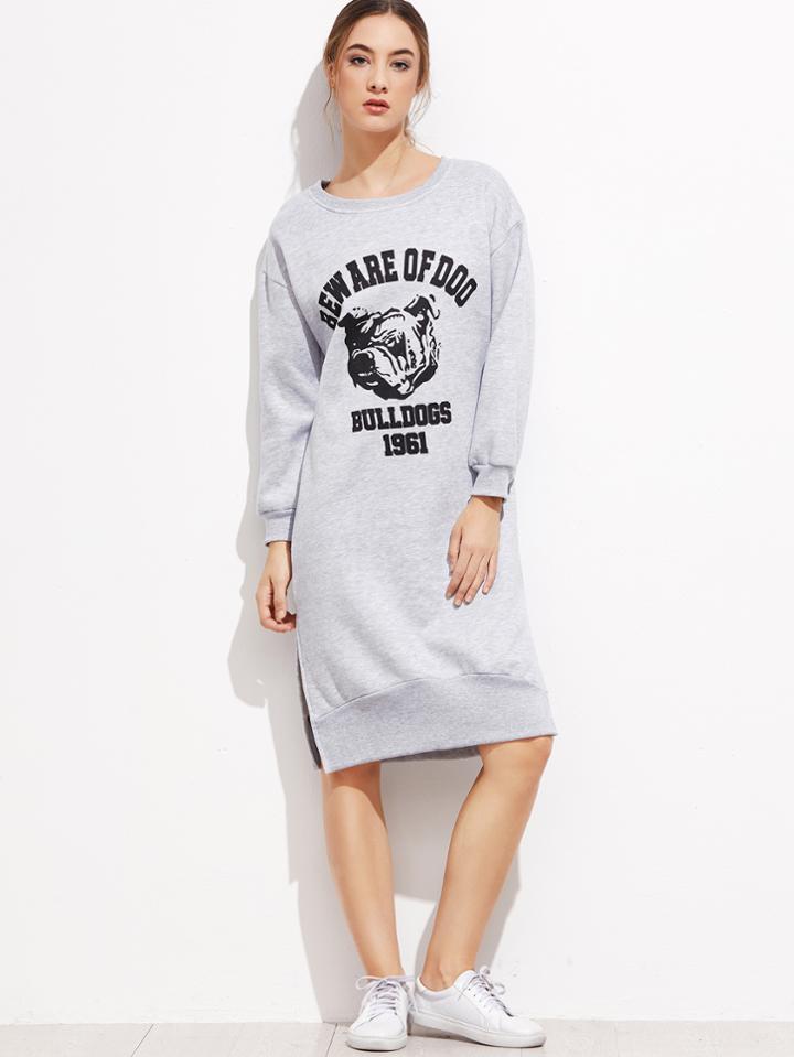 Shein Grey Printed Split Side Sweatshirt Dress