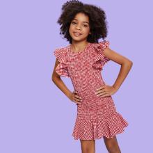 Shein Girls Ruffle Trim Shirred Gingham Dress