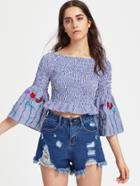 Shein Embroidered Bell Sleeve Shirred Top