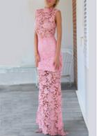 Rosewe Sleeveless Mandarin Collar Pink Lace Maxi Dress
