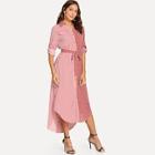 Shein Single Breasted Contrast Panel Belted Shirt Dress