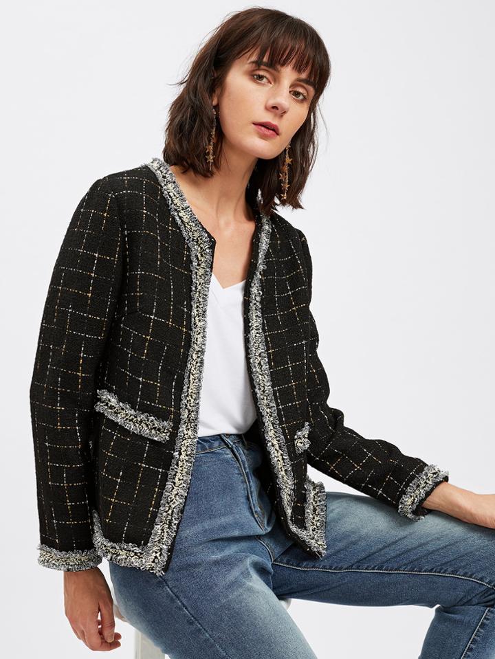 Shein Frayed Trim Open Front Grid Tweed Blazer