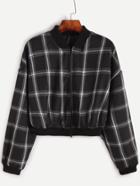 Shein Black Grid Drop Shoulder Crop Zipper Jacket