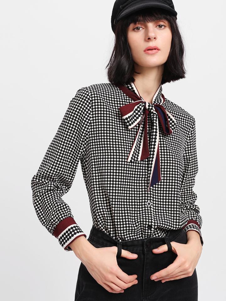 Shein Mixed Print Tied Neck Plaid Blouse