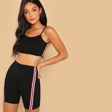 Shein Solid Crop Cami & Striped Leggings Shorts Set