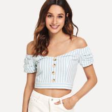 Shein Off Shoulder Button Detail Striped Crop Top