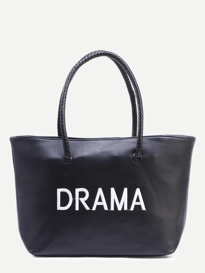 Shein Black Letter Embroidered Braided Handle Shopper Bag