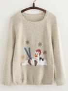 Shein Apricot Round Neck Penguin Embroidered Sweater
