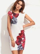 Shein White Flower Print Bodycon Dress With Zipper