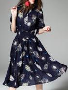 Shein Navy Elastic-waist Print A-line Dress