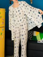Shein Cat Print Cami Pajama Set With Wrap Robe