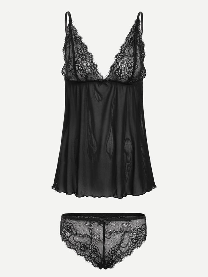 Shein Eyelash Lace Cami Top & Eyelet Panty Pajama Set