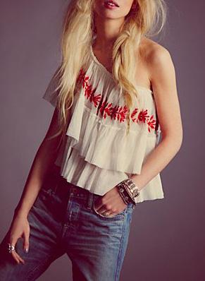 Shein White Boat Neck Ruffle Leaves Print Blouse