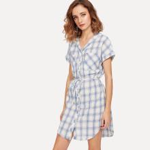Shein Pocket Patched Plaid Curved Hem Shirt Dress