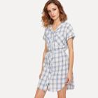 Shein Pocket Patched Plaid Curved Hem Shirt Dress