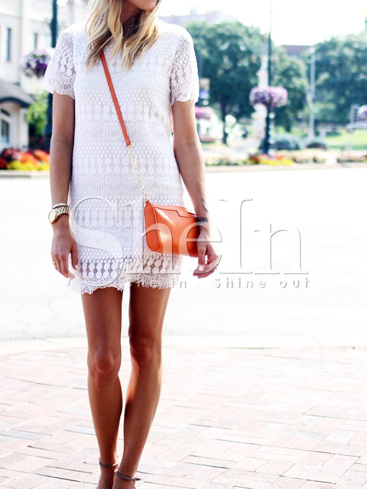 Shein White Crew Neck Lace Dress