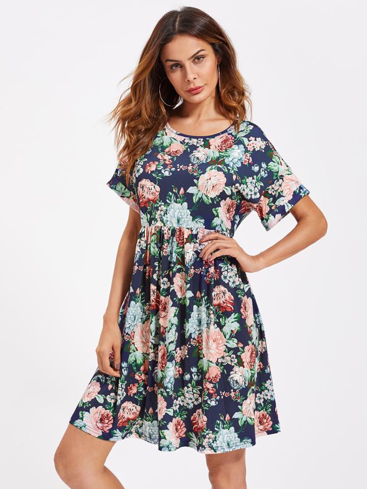 Shein Flower Print Roll Cuff Smock Tee Dress