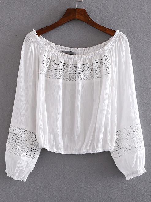 Shein White Boat Neck Elastic Cuff Crochet Blouse
