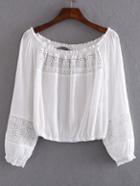Shein White Boat Neck Elastic Cuff Crochet Blouse