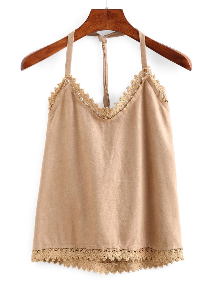 Shein Faux Suede Halter Neck Lace Trimmed Top