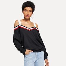 Shein Striped Neck Cold Shoulder Sweatshirt