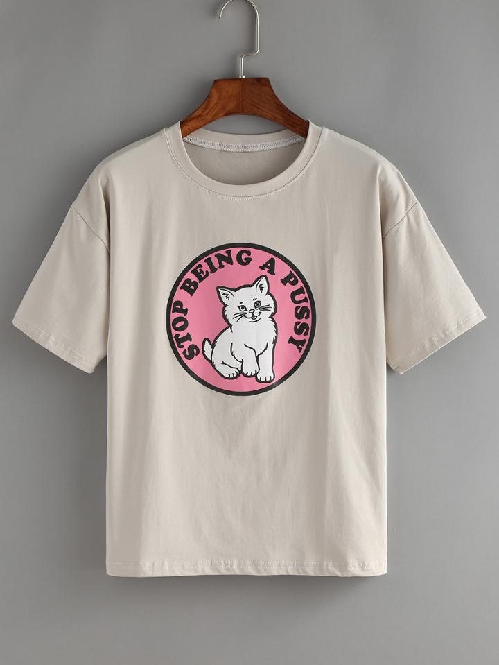 Shein Lovely Kitty Print Grey T-shirt