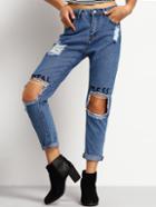 Shein Blue Ripped Letters Embroidered Denim Pant