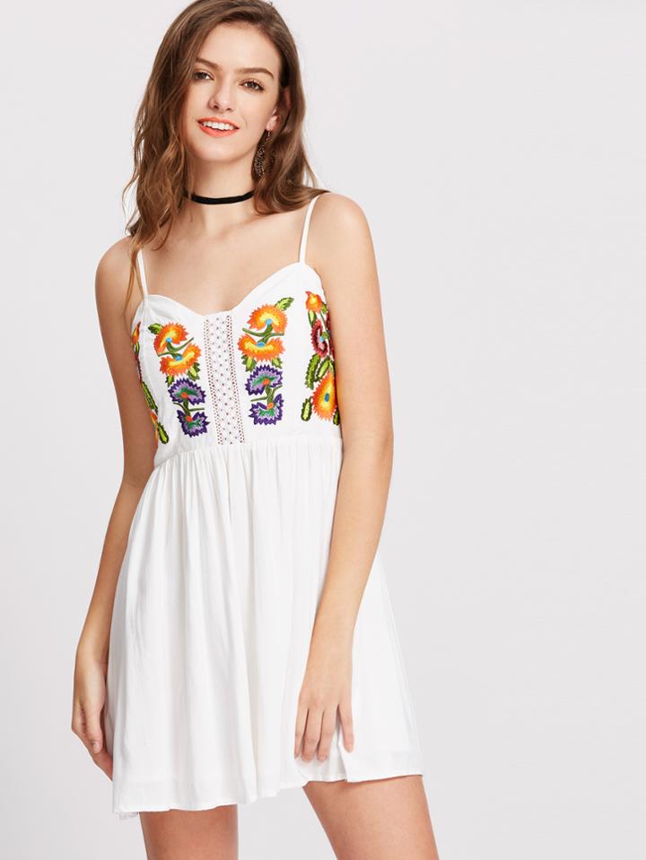 Shein Lace Panel Smocked Back Embroidered Cami Dress
