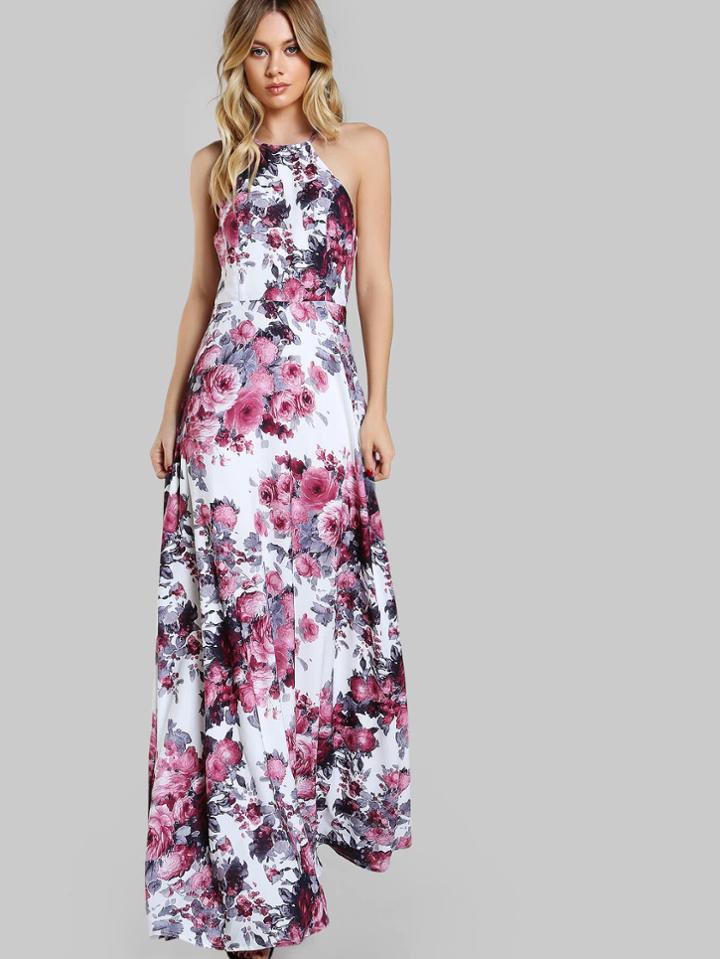 Shein Racer Neck Cutout Back Floral Dress