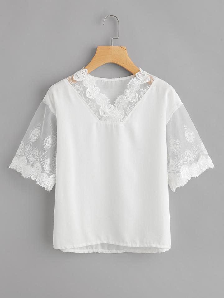 Shein Scallop Trim Embroidery Mesh Panel Blouse