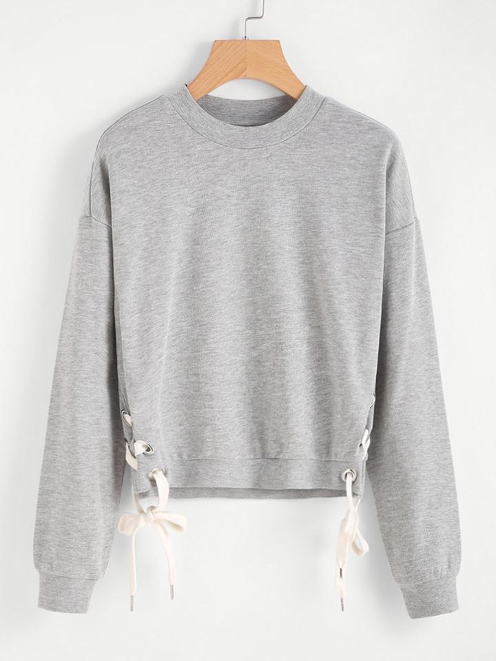 Shein Eyelet Lace Up Hem Heathered Sweatshirt