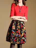 Shein Red Crew Neck Leaves Print A-line Dress