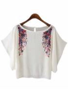 Shein White Scoop Neck Sequined Batwing Sleeve Blouse