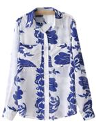 Shein Pockets Blue And White Porcelain Print Blouse
