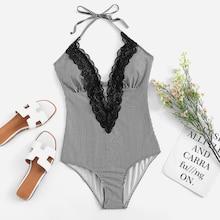 Shein Plus Lace Trim Striped Swimsuit