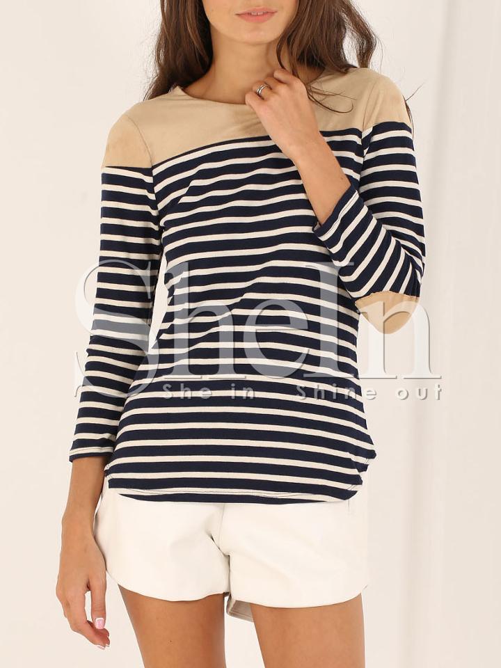 Shein White Navy Long Sleeve Striped T-shirt
