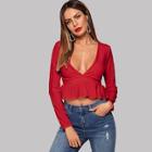 Shein Solid Frill Trim Deep V-neck Tee