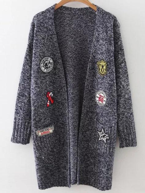 Shein Navy Marled Knit Patch Long Cardigan With Pockets