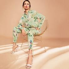 Shein Flower Print Collar Top & Drawstring Pants Set