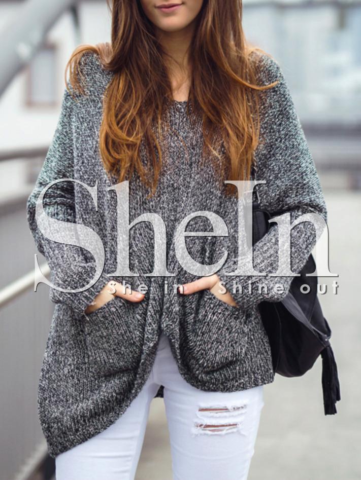 Shein Grey Pockets Asymmetric Sweater