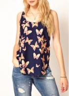 Rosewe Sleeveless Butterfly Print Round Neck Tank