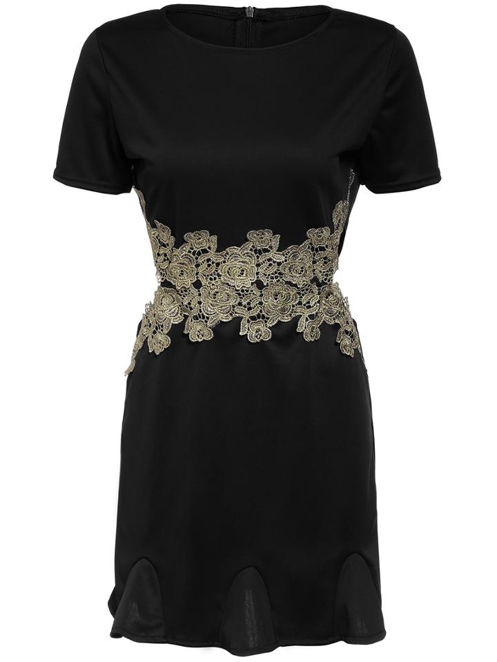 Shein Black Short Sleeve Hollow Lace Patch Dress