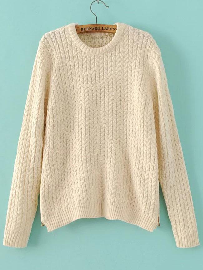 Shein Beige Cable Knit Crew Neck Zipper Side Sweater