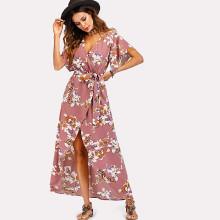 Shein Tie Waist Floral Print Dress