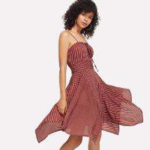 Shein Eyelet Lace Up Front Hanky Hem Striped Cami Dress